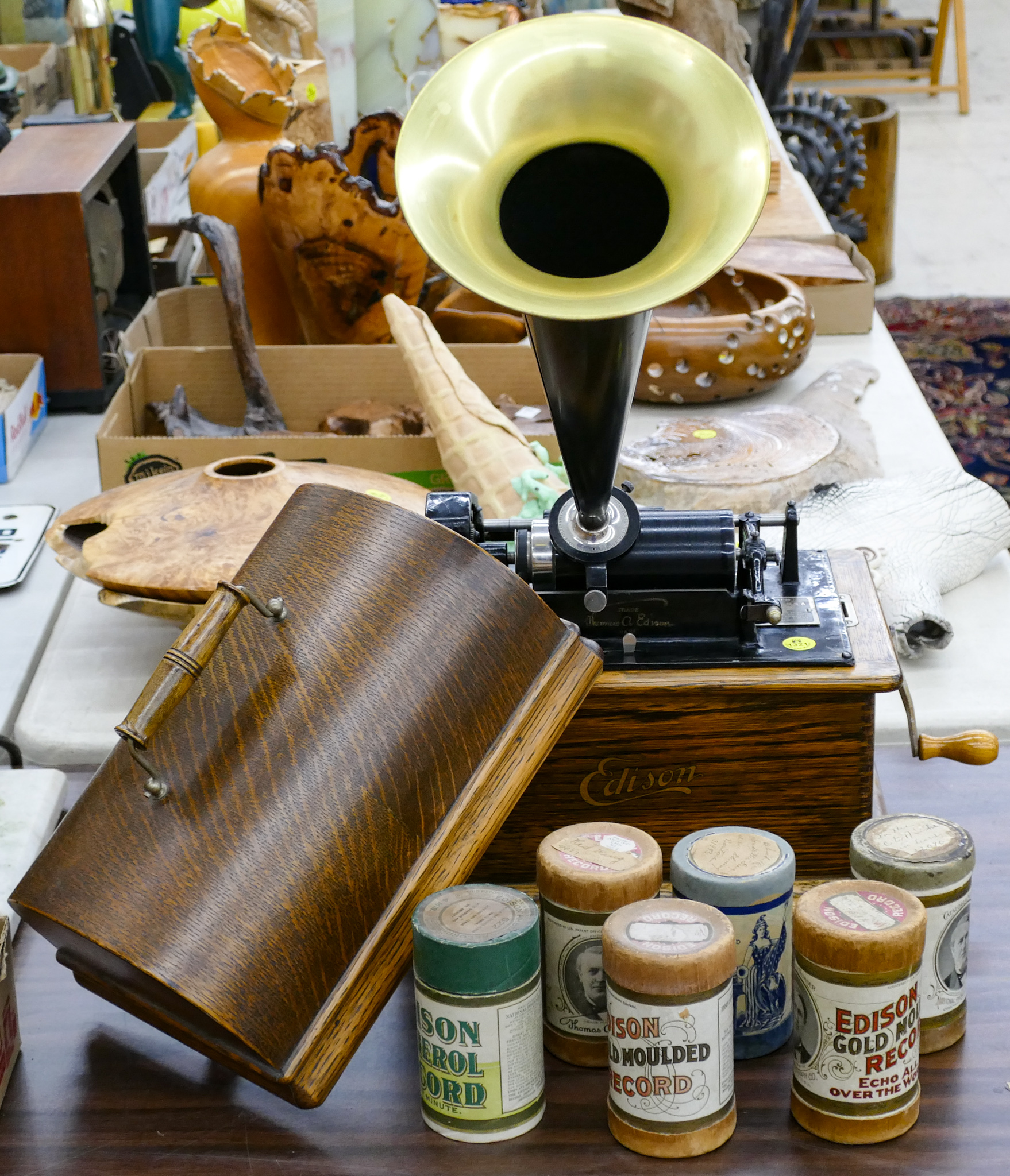 Appraisal: Antique Edison Oak Cylinder Record Player w Horn Records