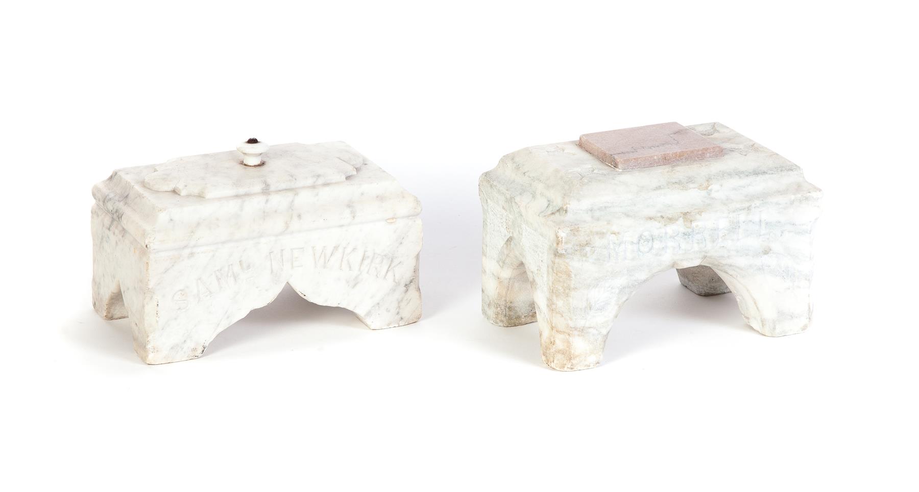 Appraisal: TWO CARVED MARBLE PORCH WEIGHTS American nd half- th century