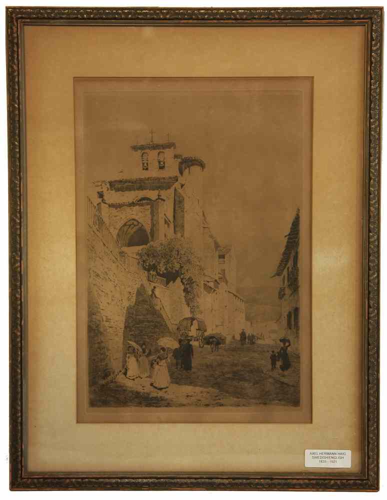 Appraisal: ETCHING - Sepiatone depicting Italian street scene signed in pencil