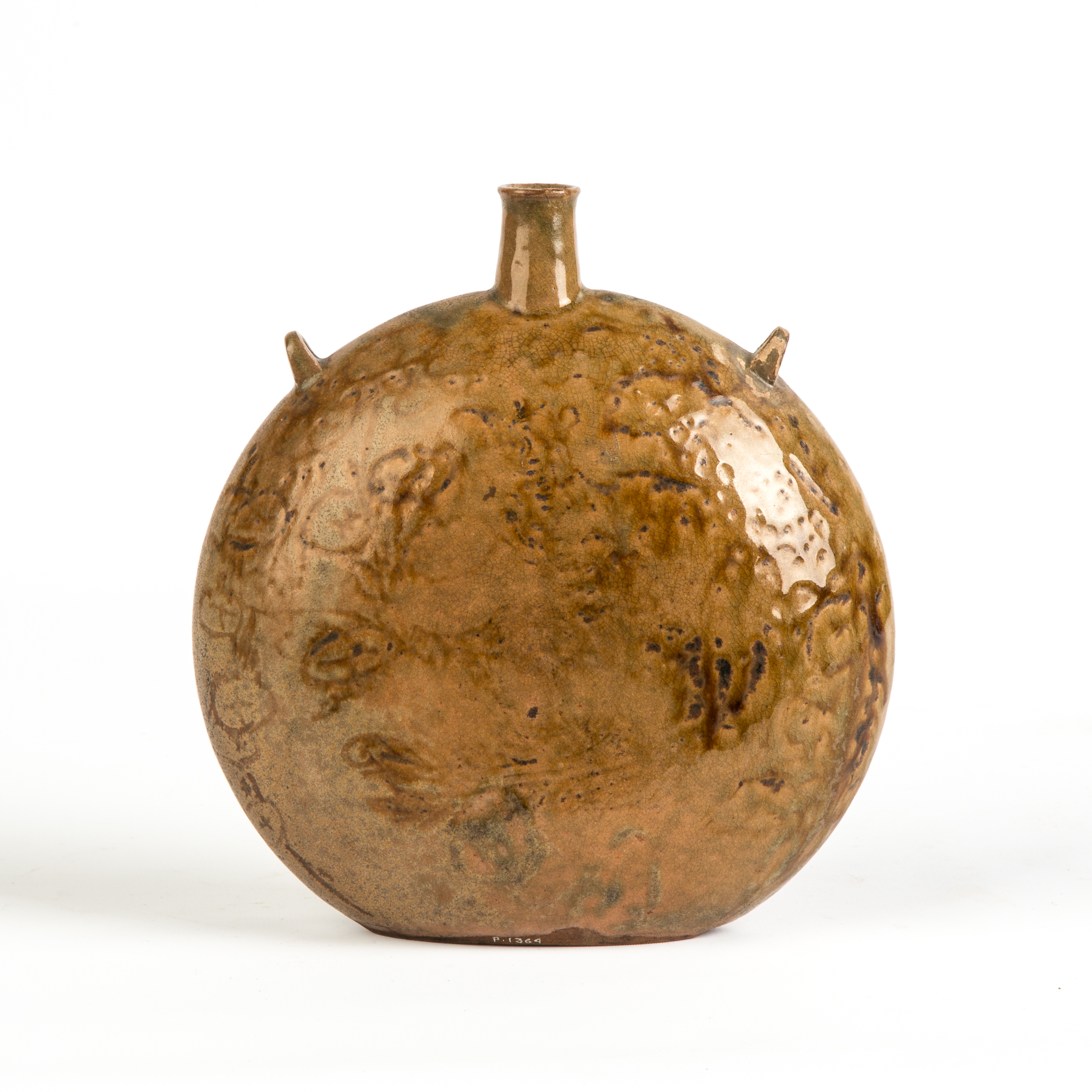 Appraisal: Japanese Stoneware Flask Incised lily and bird design