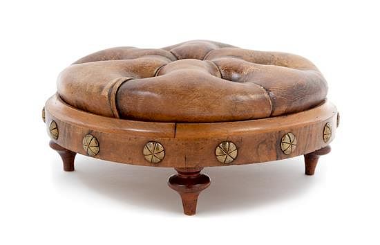 Appraisal: A Button Tufted Leather Upholstered Stool Height x diameter inches