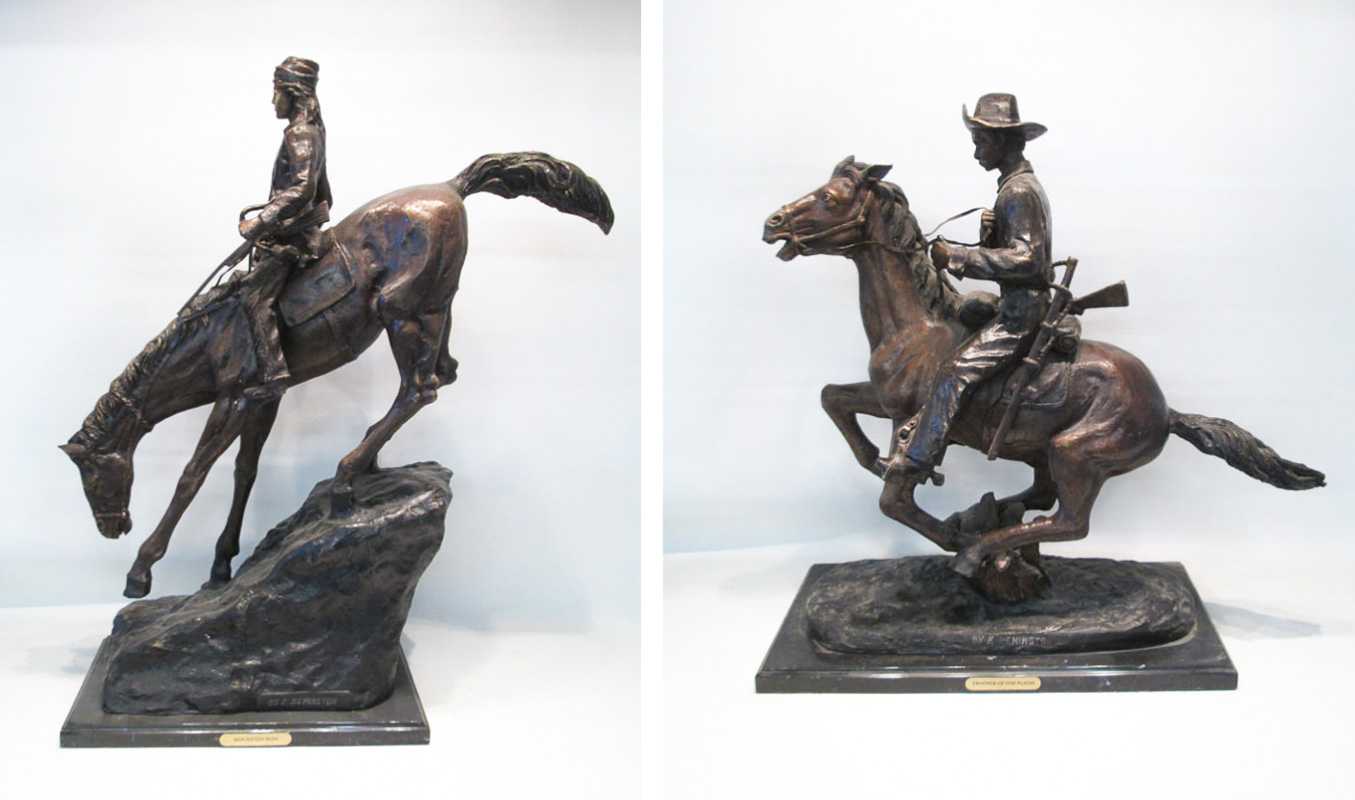 Appraisal: TWO WESTERN BRONZE HORSE AND RIDER SCULPTURES after the work