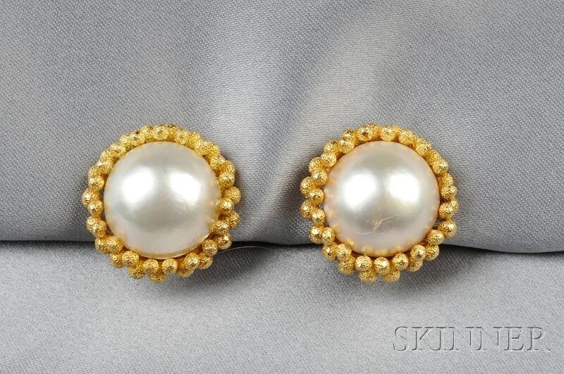 Appraisal: kt Gold and Mabe Pearl Earclips Tiffany Co each set