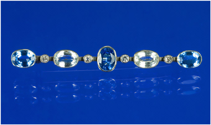 Appraisal: White Gold Bar Brooch Set With Blue And White Faceted