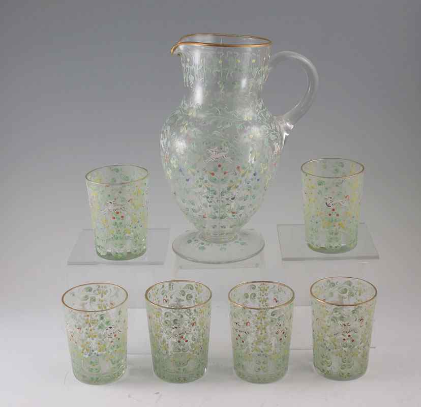 Appraisal: MOSER ENAMELED JUICE SET piece pitcher and glasses decorated in