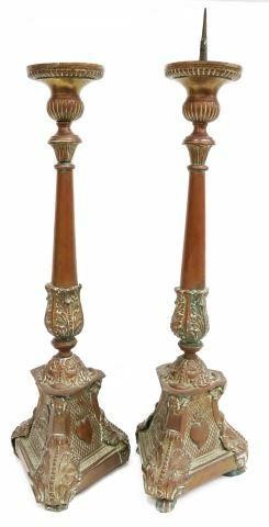 Appraisal: pair Repousse copper altar prickets th c having foliate and