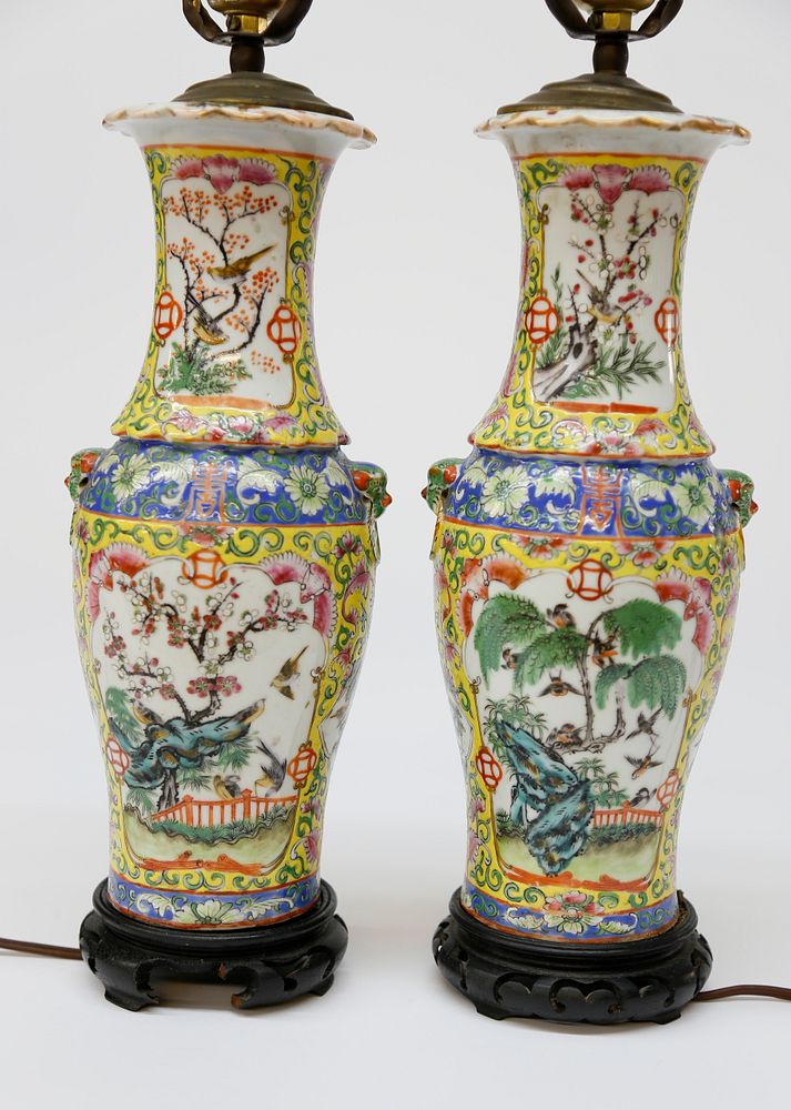 Appraisal: Pair of Chinese Enamel Decorated Lamps Pair of Chinese Enamel