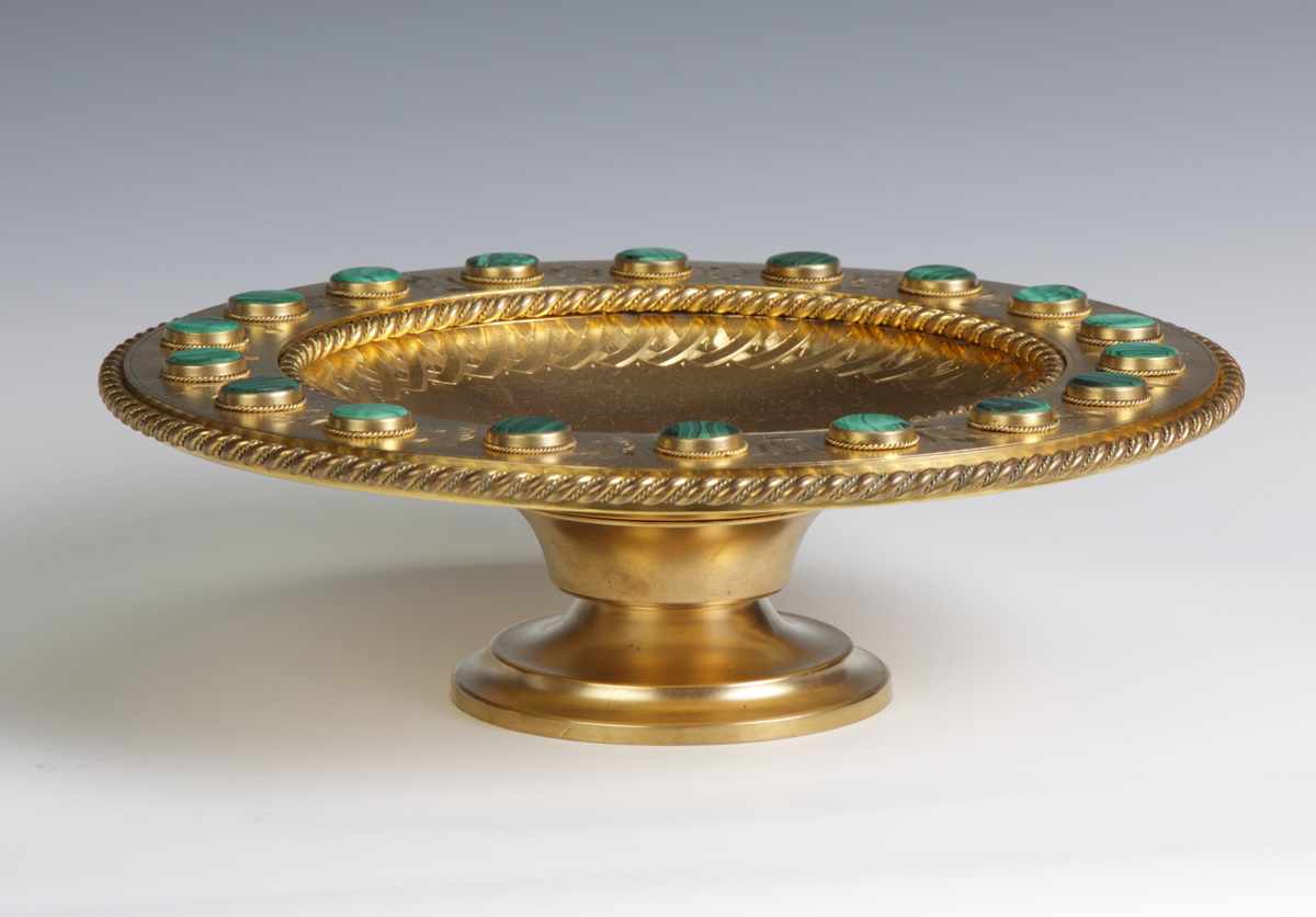 Appraisal: Gilt Bronze Compote with Inset Malachite th cent With rope