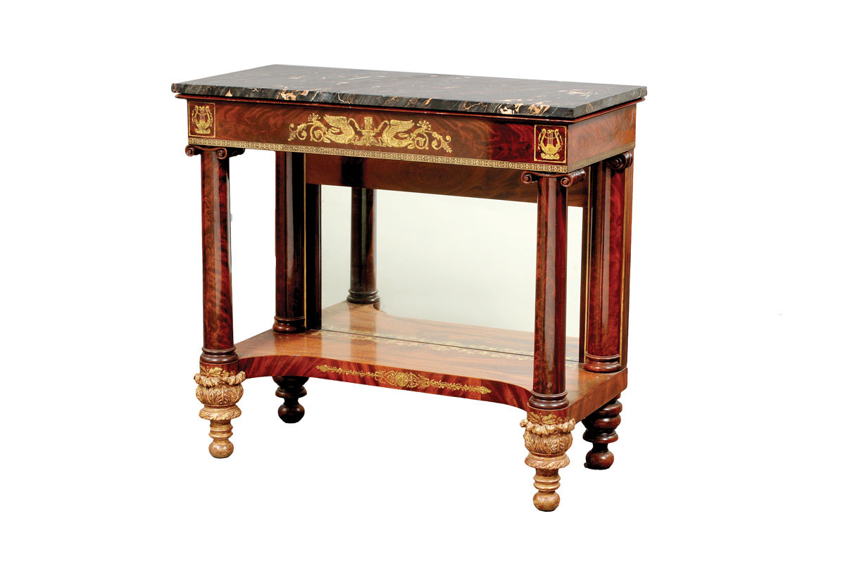 Appraisal: NEW YORK CLASSICAL MAHOGANY MARBLE TOP PIER TABLE Th e