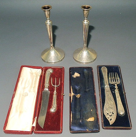 Appraisal: Cased English silver carving knife fork set l a cased