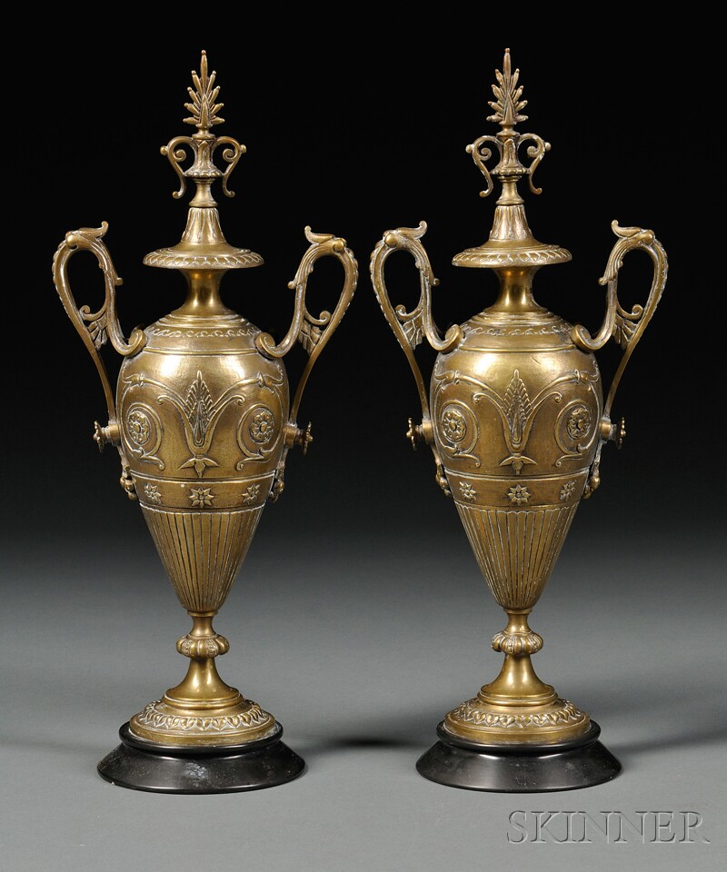 Appraisal: Pair of Bronze Double-handled Covered Urns late th century each