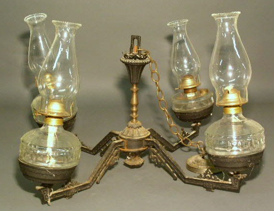 Appraisal: Victorian four-arm chandelier iron and brass for oil lamps h