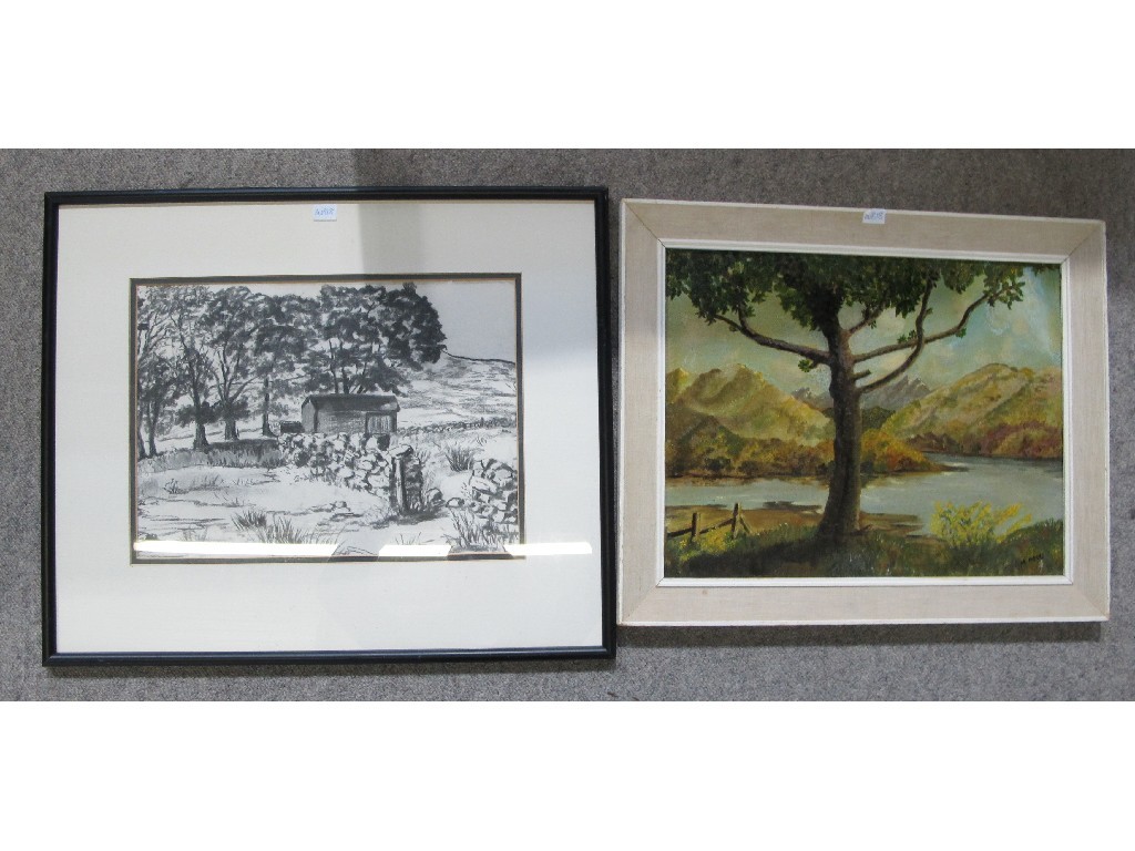 Appraisal: MOLLY M ADDIS Lot comprising an acrylic landscape and a