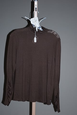 Appraisal: Akris brown mock turtleneck knit top with ruching at sleeves