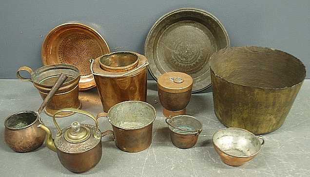 Appraisal: - Group of misc copperware and brassware incl a bucket