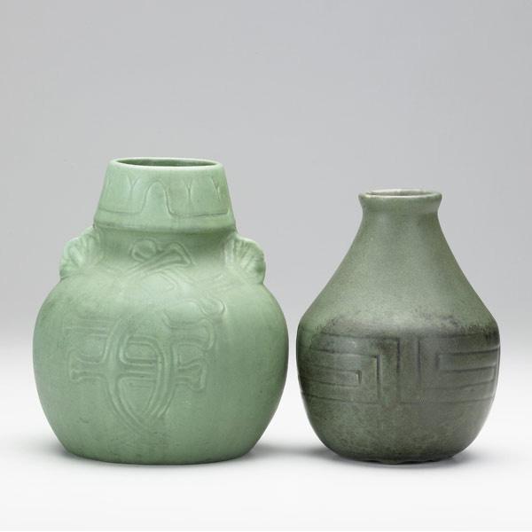 Appraisal: OWENS Two matte green bulbous vases and hairline to bottom