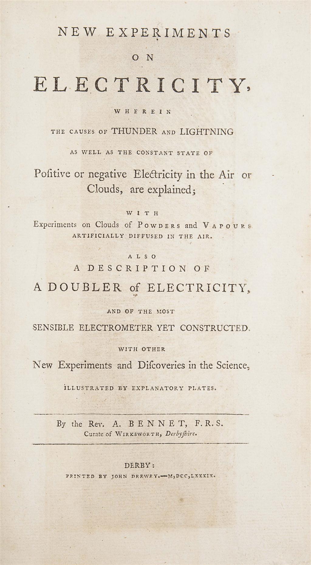 Appraisal: BENNET ABRAHAM NEW EXPERIMENTS ON ELECTRICITY Derby John Drewry vo