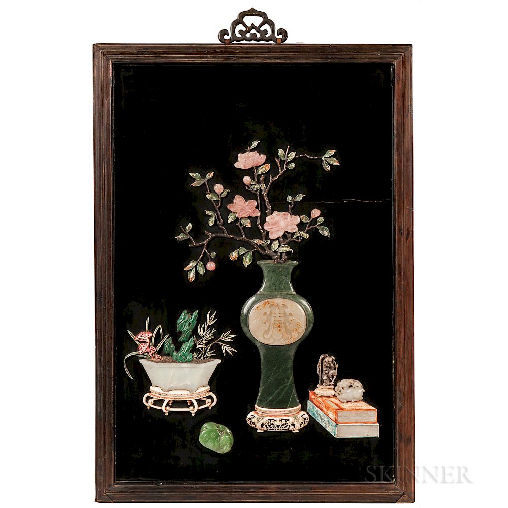 Appraisal: Framed Black-lacquered Panel with Jade and Hardstone Inlay Framed Black-lacquered