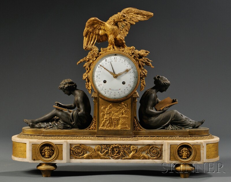 Appraisal: Patinated Bronze Gilt-bronze and Marble Mantel Clock France th century