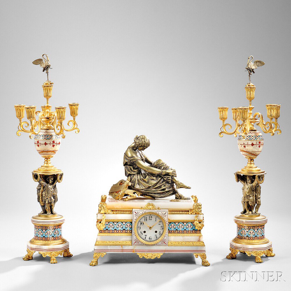 Appraisal: Onyx and Gilt-bronze Neoclassical-style Garniture France late th century clock