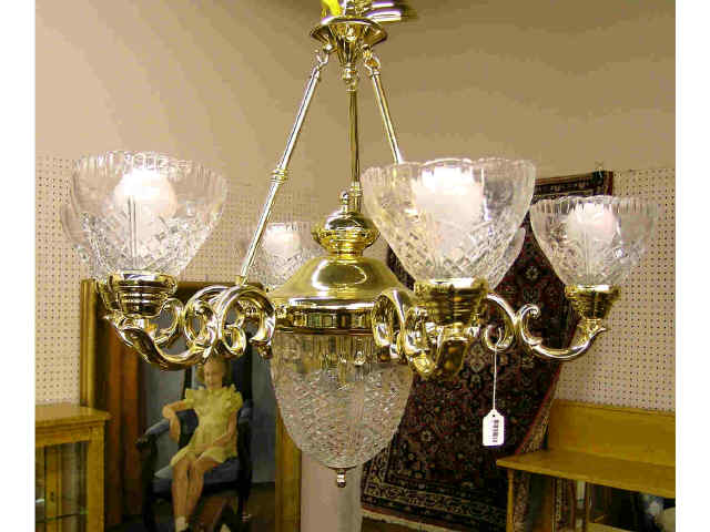 Appraisal: Brass six branch hanging light fixture with cut glass shades