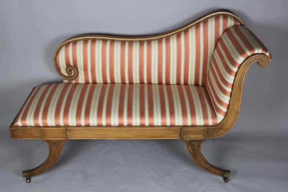 Appraisal: REGENCY MAHOGANY STRIPED SILK UPHOLSTERED RECAMIER TH CENTURY the curved