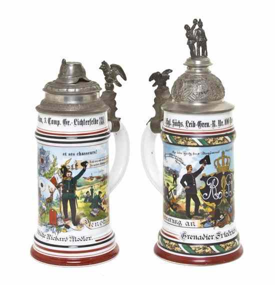 Appraisal: Two German Regimental Porcelain Steins each liter depicting soldiers hunting