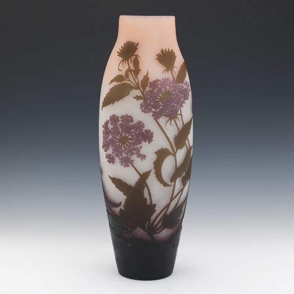 Appraisal: MONUMENTAL CAMEO GLASS HYDRANGEA VASE SIGNED GALLE x Elongated form