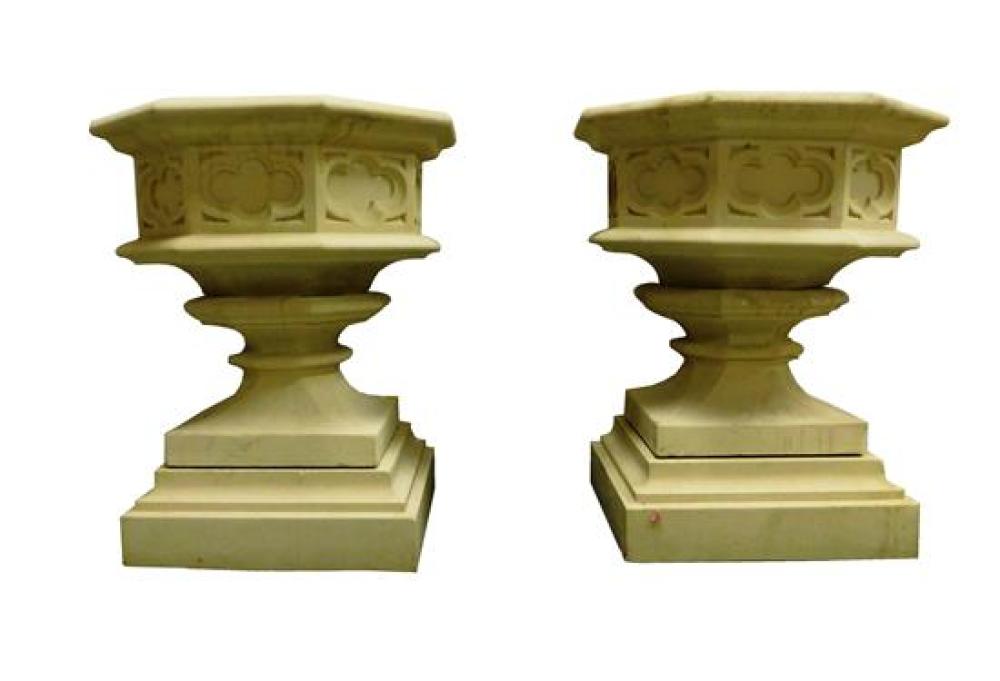 Appraisal: GARDEN Pair of large contemporary cast stone pedestal planters urn