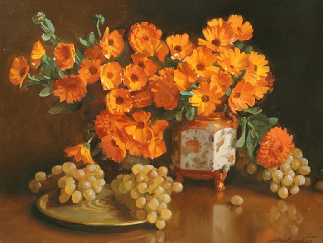 Appraisal: Ernest Buckmaster - Marigolds and Grapes oil on canvas signed