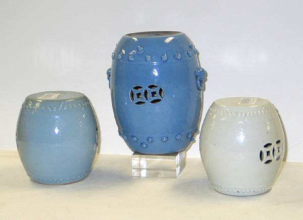 Appraisal: Three monochrome glazed porcelain miniature barrel form garden seats Including