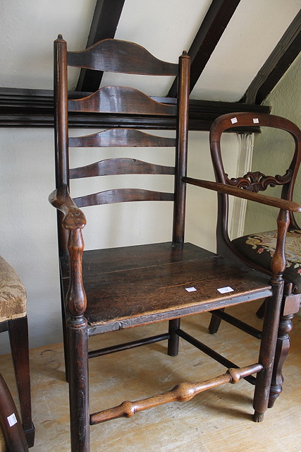 Appraisal: A TH CENTURY ASH LANCASHIRE LADDERBACK ELBOW CHAIR with pine