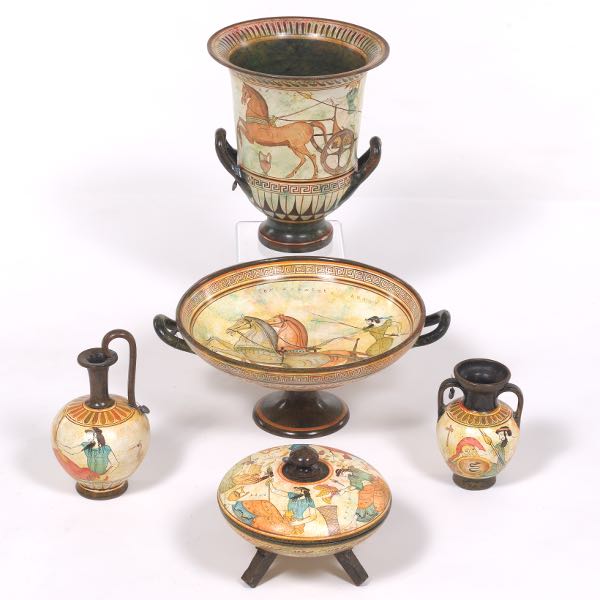 Appraisal: AKPON STUDIO GREEK REPLICA VASES Five hand painted vases including