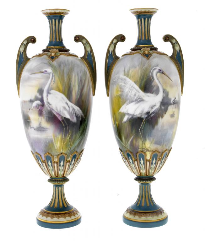 Appraisal: A PAIR OF HADLEY'S WORCESTER VASES of slender oviform design