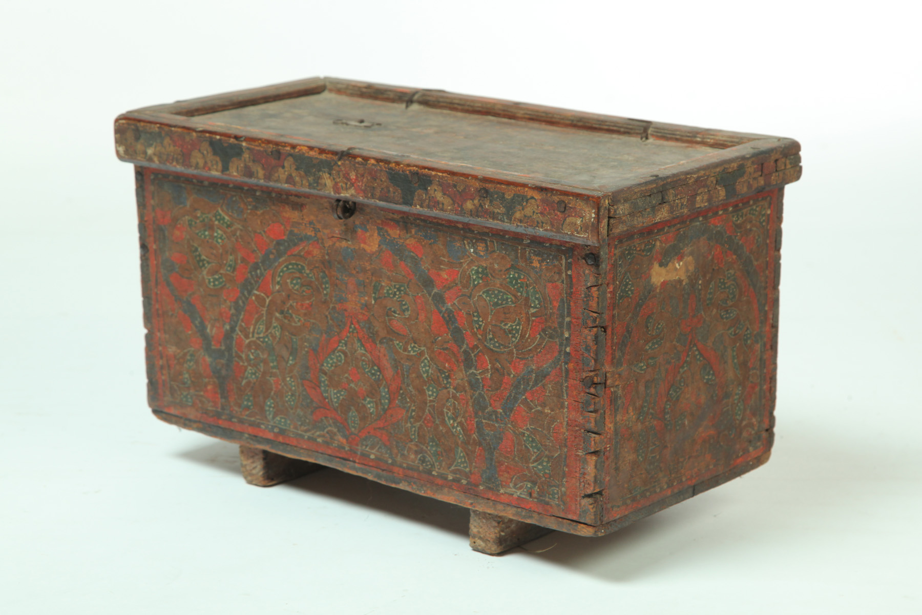 Appraisal: DECORATED MINIATURE BLANKET CHEST America or Europe th century pine