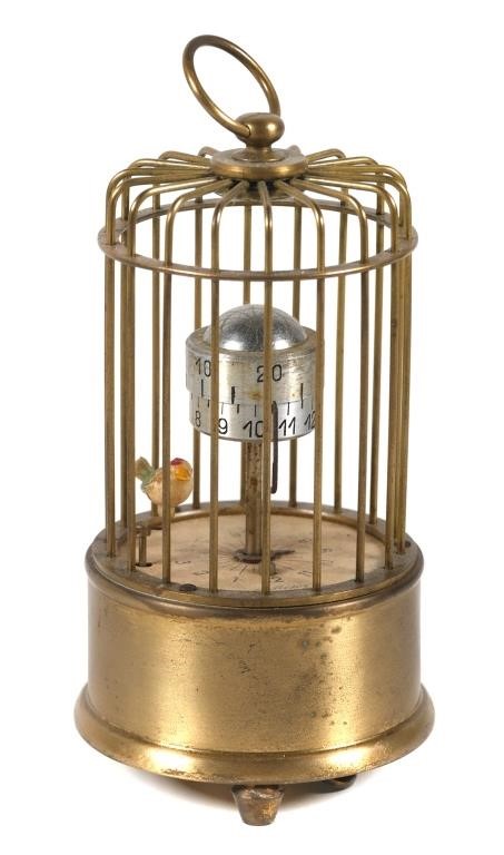 Appraisal: Kaiser German automaton bird cage alarm clock brass cage raised