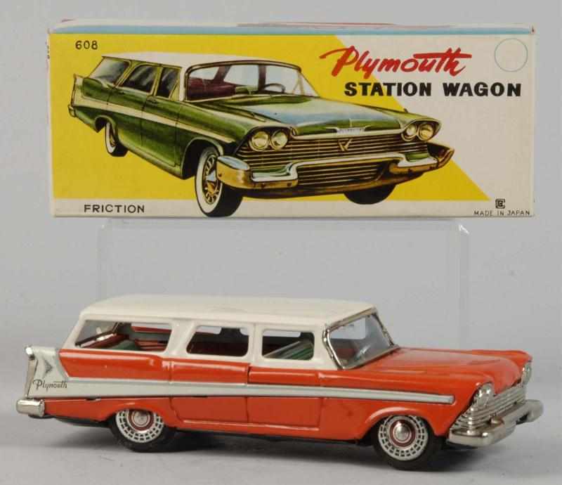 Appraisal: Tin Litho Plymouth Station Wagon Friction Toy Description Japanese Working