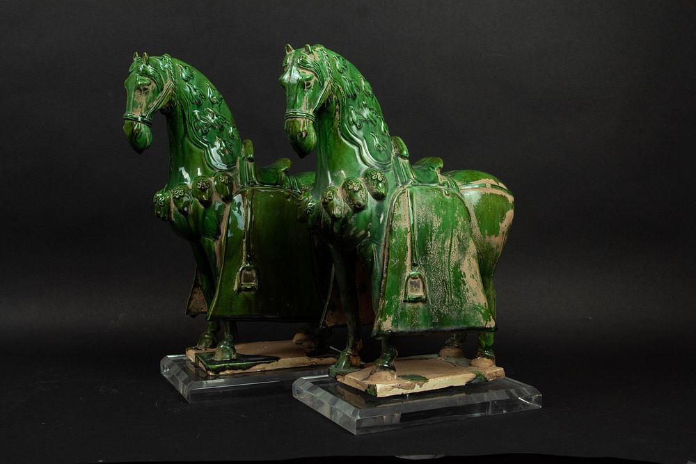 Appraisal: Pair of Green-Glazed Tang Style Horses th Century Low-fired green