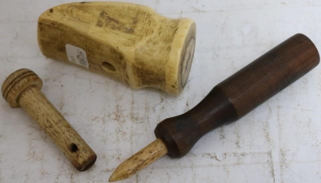 Appraisal: PIECE TH CENTURY WHALEBONE LOT TO INCLUDE SCRIMSHAW HAMMER-HEAD CARVED