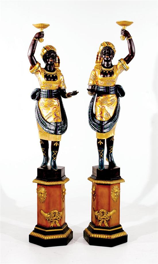 Appraisal: Pair carved and polychrome blackamoor torcheres turbaned and costumed Moorish