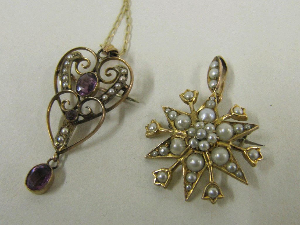 Appraisal: Lot comprising gold amethyst and seed pearl set holbein pendant