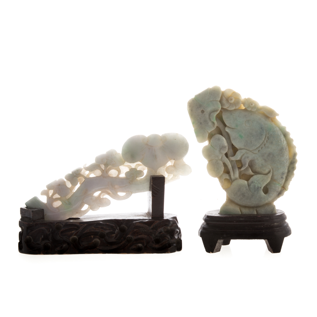 Appraisal: Two Chinese carved jade plaques fish among lotus in H