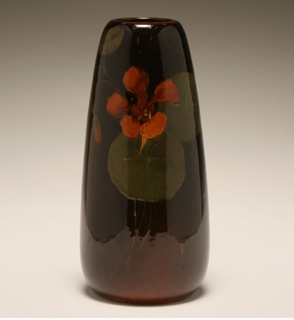 Appraisal: Brown glazed American art pottery vase hand painted florals H