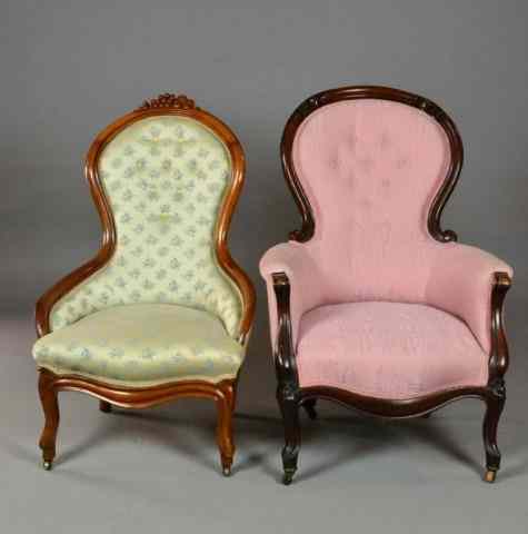 Appraisal: Victorian Carved Ladies Gentleman's ChairsTo include a mauve button tufted