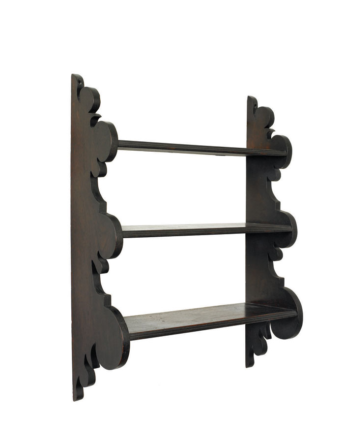 Appraisal: FINE WALNUT THREE-TIER SCROLL-END SHELF IN ORIGINAL DARK-BROWN PAINT NINETEENTH