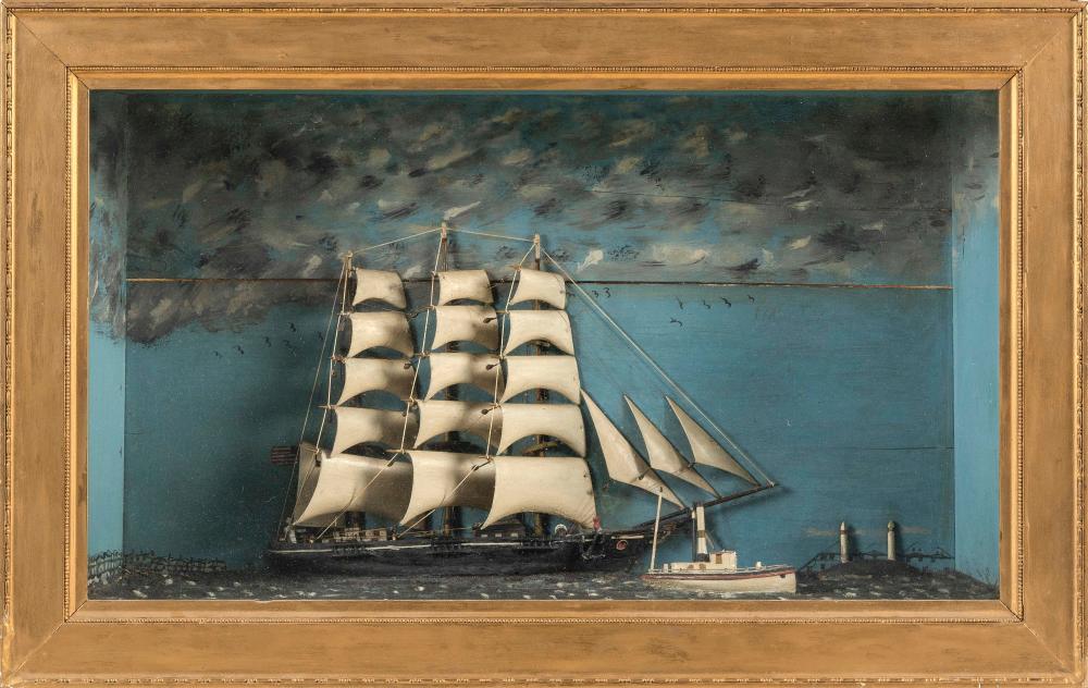 Appraisal: SHADOW BOX MARITIME DIORAMA OF A FULL-RIGGED SHIP OFF TWIN