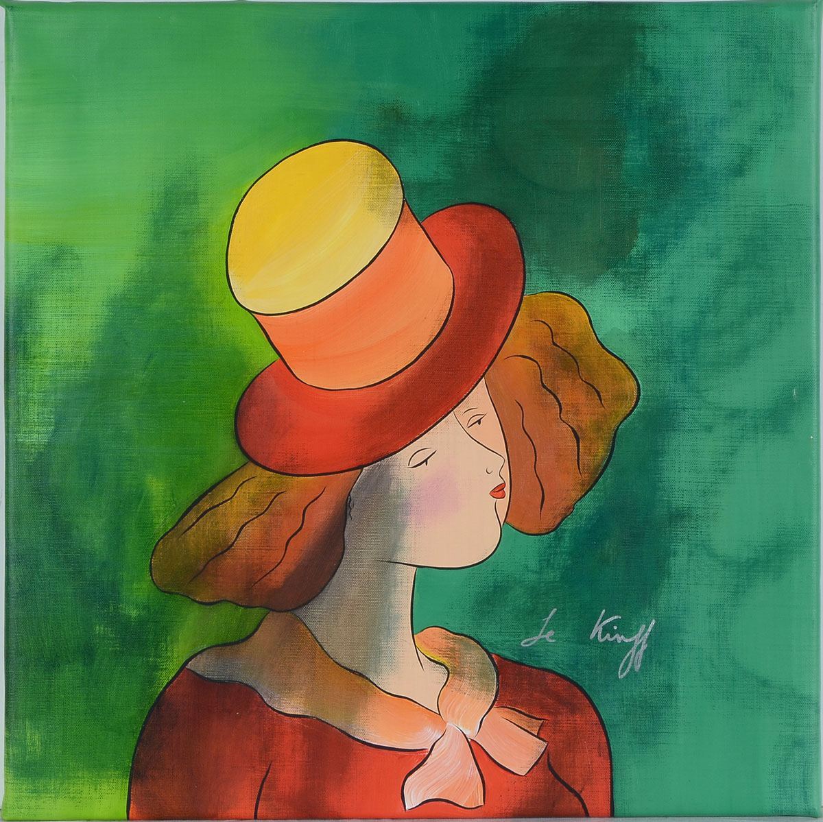 Appraisal: LE KINFF Linda French Redhead in yellow orange hat Oil