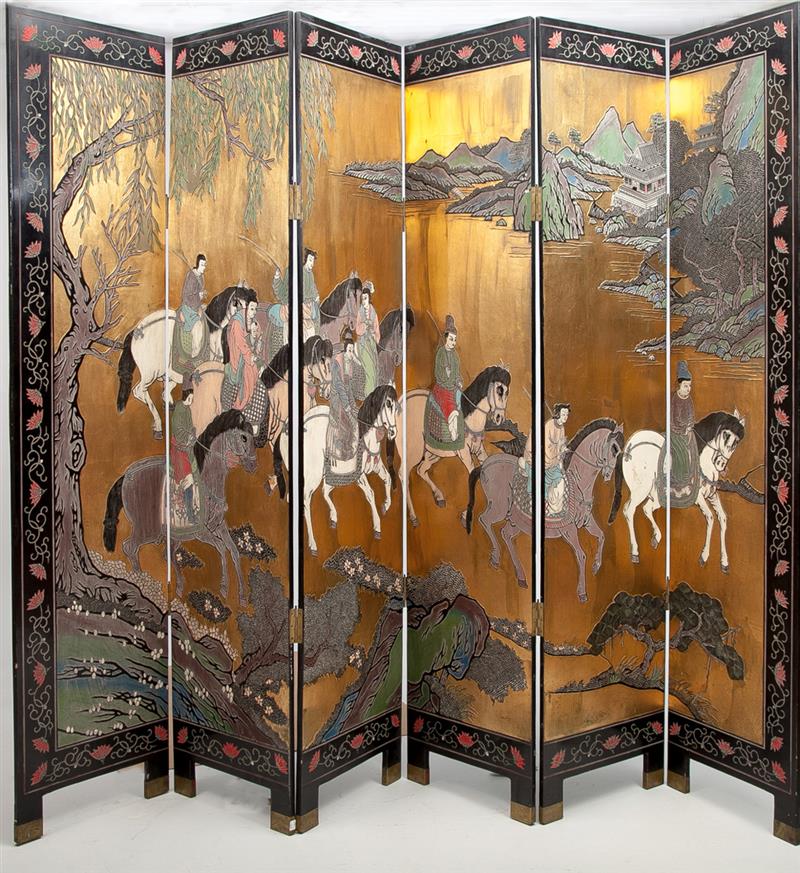 Appraisal: Chinese Carved and Lacquered Six-Panel Screen Modern The reverse with