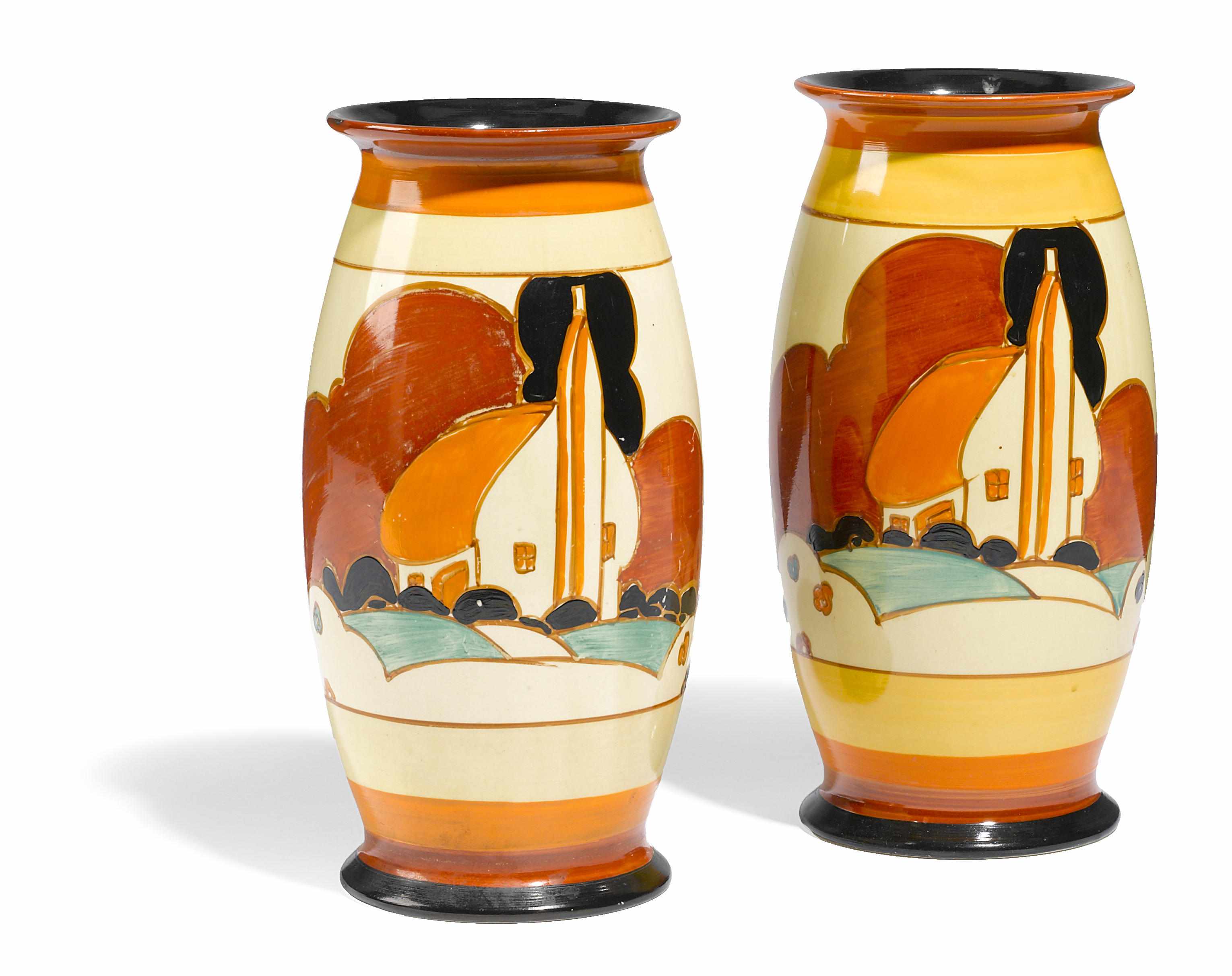 Appraisal: A pair of Clarice Cliff Farm House vases shape circa