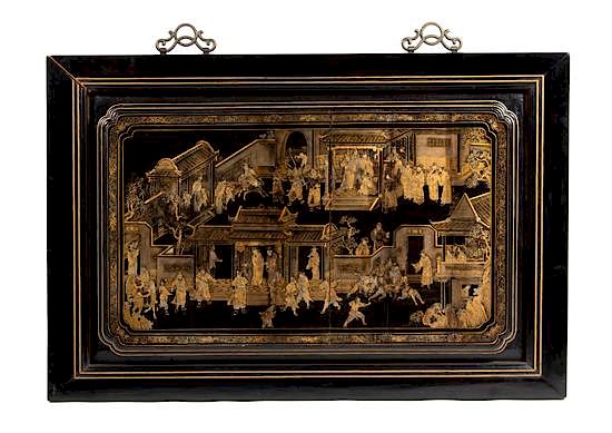 Appraisal: A Chinese Export Gilt-Decorated Black Lacquer Panel Dimensions of panel